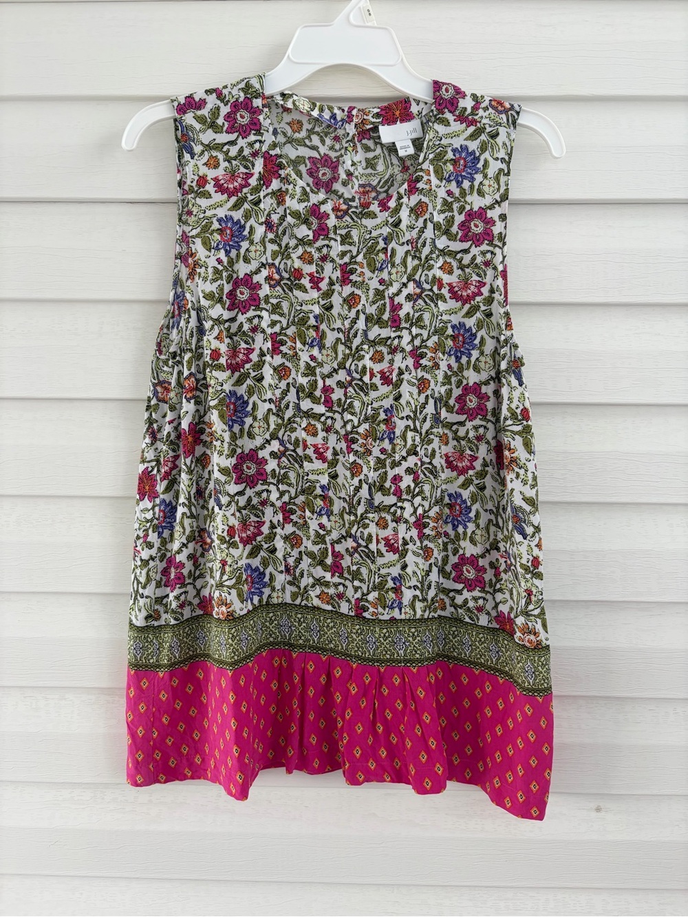 J.Jill Floral Boho Tank Top M 100% Rayon Pink Border Print Tunic Colorful Artsy